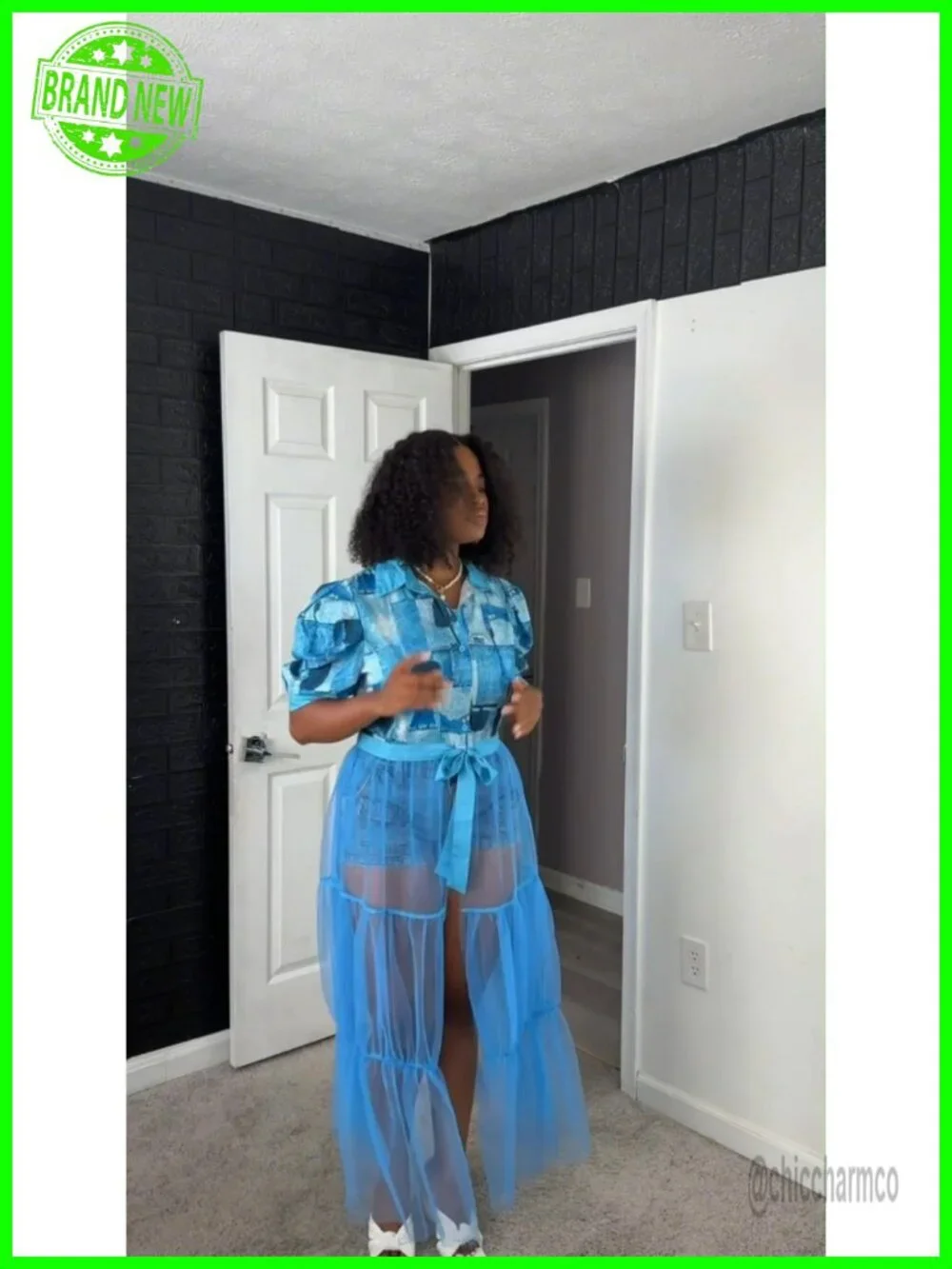 Sheet Button Down Dress Maxi Long Shirt with Belt Sheer Mesh Patchwork